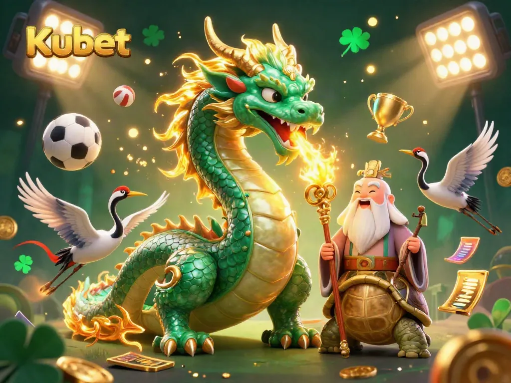 Kubet showcases an energetic scene with a jade dragon, turtle sage, and cranes amidst dynamic sports elements.