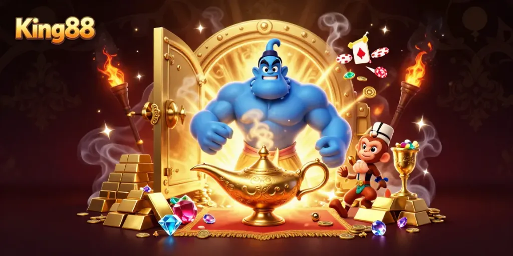 Experience the thrill of King88 with this vibrant casino-themed illustration.