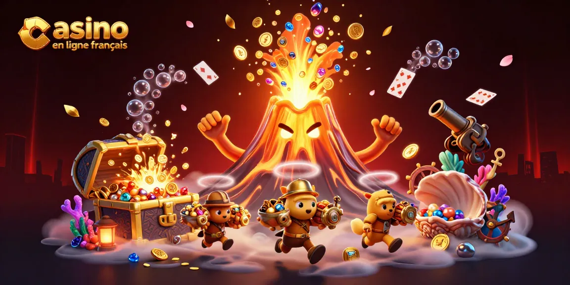 Illustration d'un casino en ligne français avec un volcan doré triomphant, des trésors et des cartes.