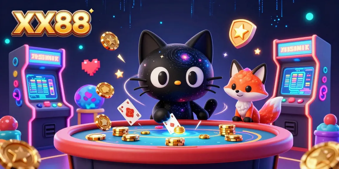 Engage with the immersive cosmic casino experience featuring XX88's unique characters and vibrant gaming elements.