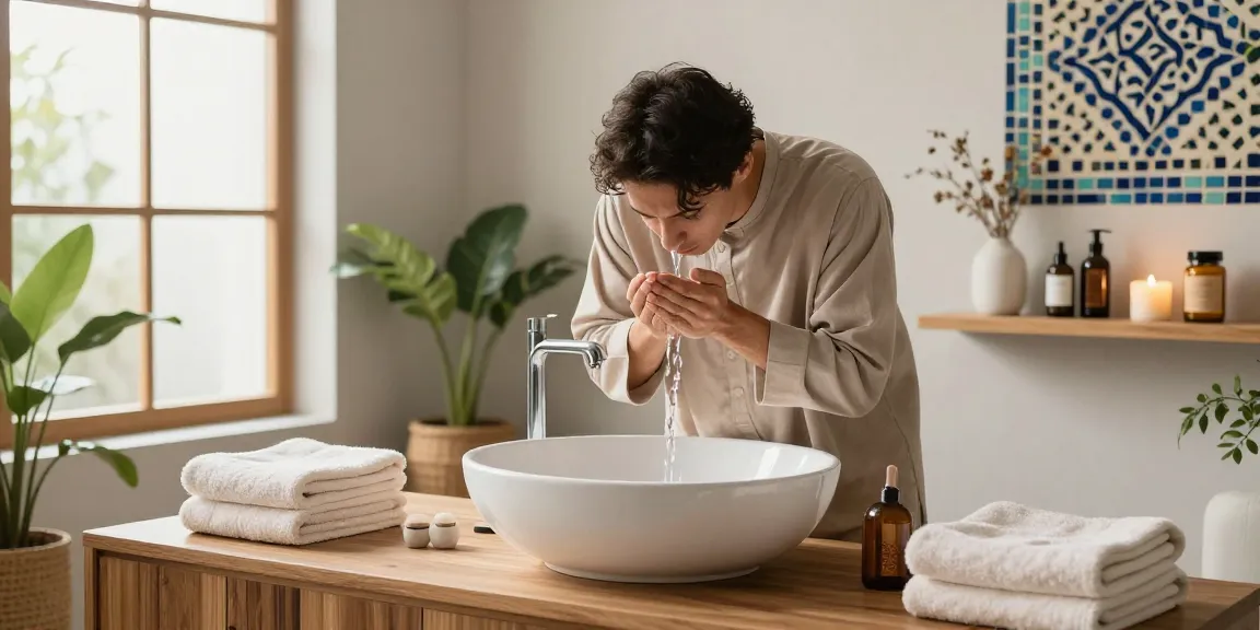 Wudu basin in a serene bathroom setting with natural light, promoting cleanliness and mindfulness.