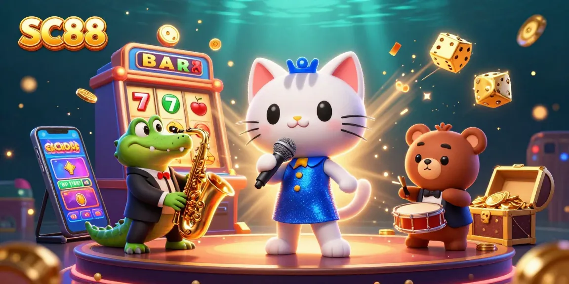 Experience the vibrant excitement of SC88 casino with a jazzy illustration showcasing a lively cat, crocodile, and bear.