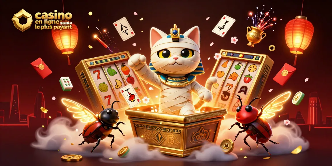 Illustration présentant le casino en ligne le plus payant avec une momie égyptienne et des éléments de jeux captivants.