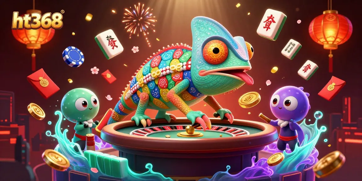 ht368 casino chameleon snaps coins amidst vibrant gambling elements in dynamic 3D illustration