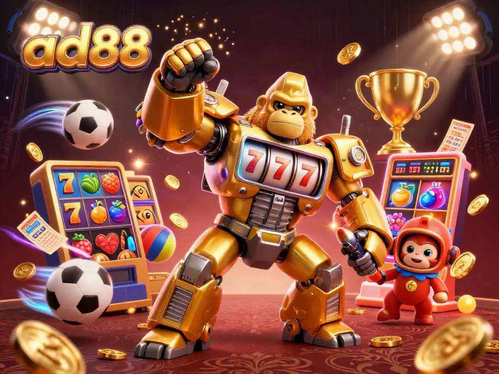 Experience ad88's thrilling games through an energetic scene featuring a golden gorilla mech and dynamic casino elements.