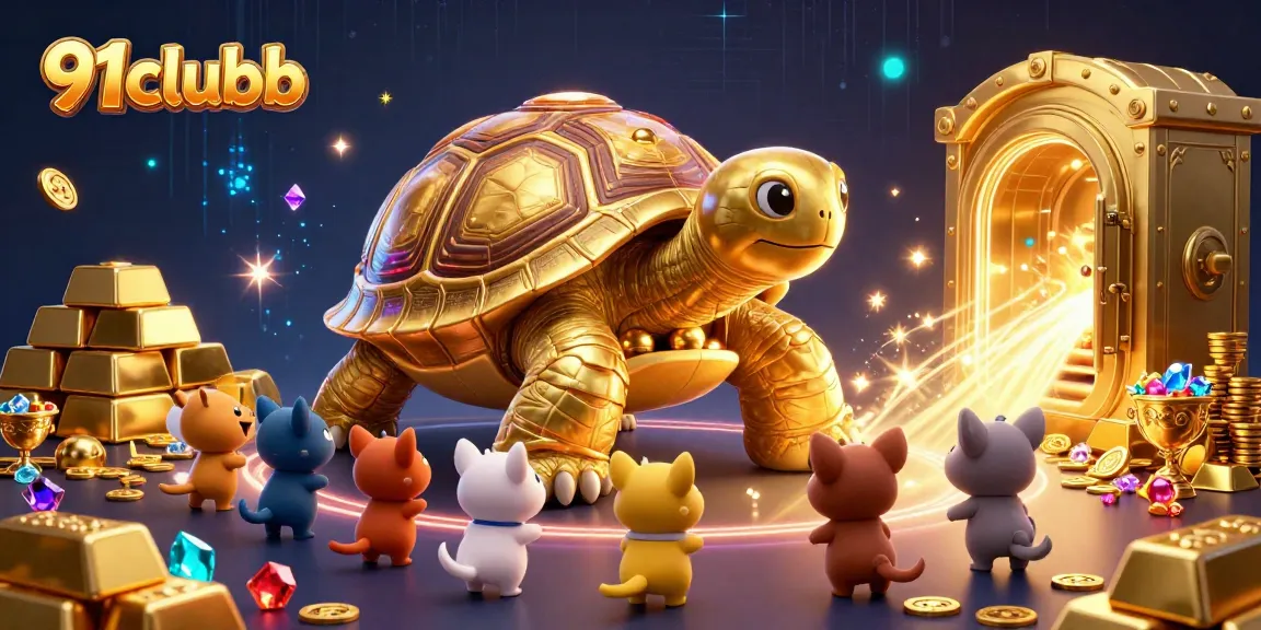 Experience winning fun at 91clubb with a vibrant 3D casino illustration featuring a golden tortoise and exciting games.