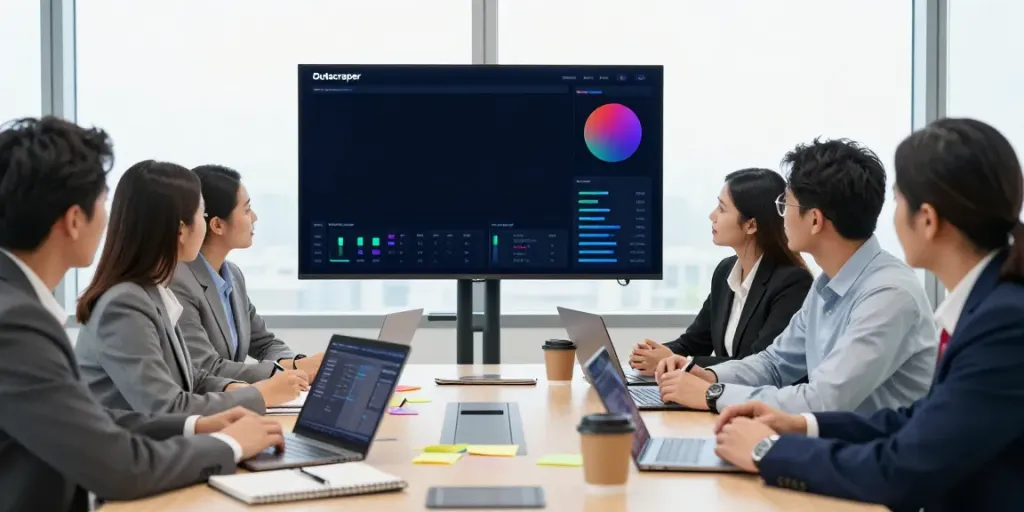 Team collaborating on business data from Outscraper in a modern office setting.