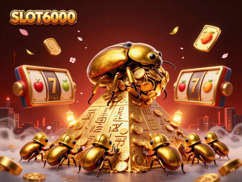 Spin the reels at SLOT6000, showcasing vibrant golden coins, beetles, and festive casino elements!