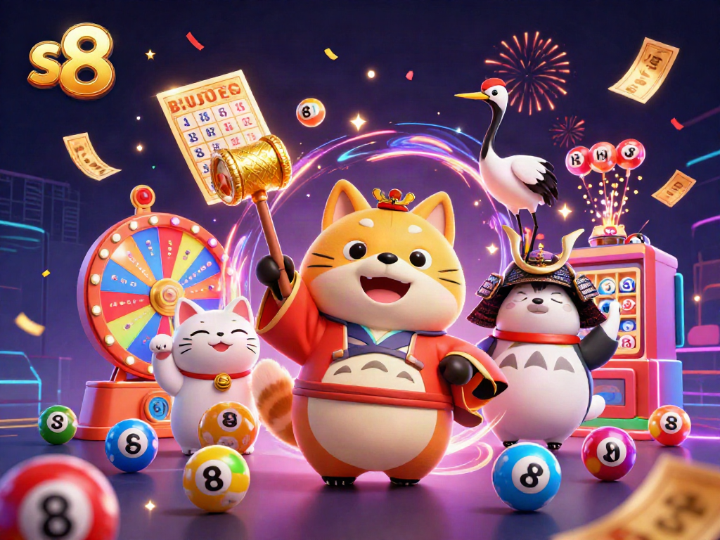 s8 lottery celebration scene with tanuki, crane, and fortune cats surrounded by dynamic gaming elements