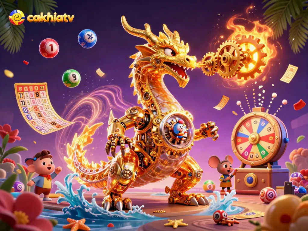 Cakhiatv offers exciting lottery action with colorful balls, a unique dragon character, and engaging gaming elements.
