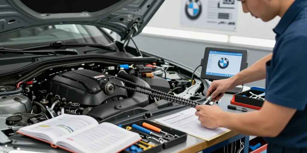 Steuerkette wechseln Hannover in einer Kfz-Werkstatt mit Mechaniker, der am Motor arbeitet.