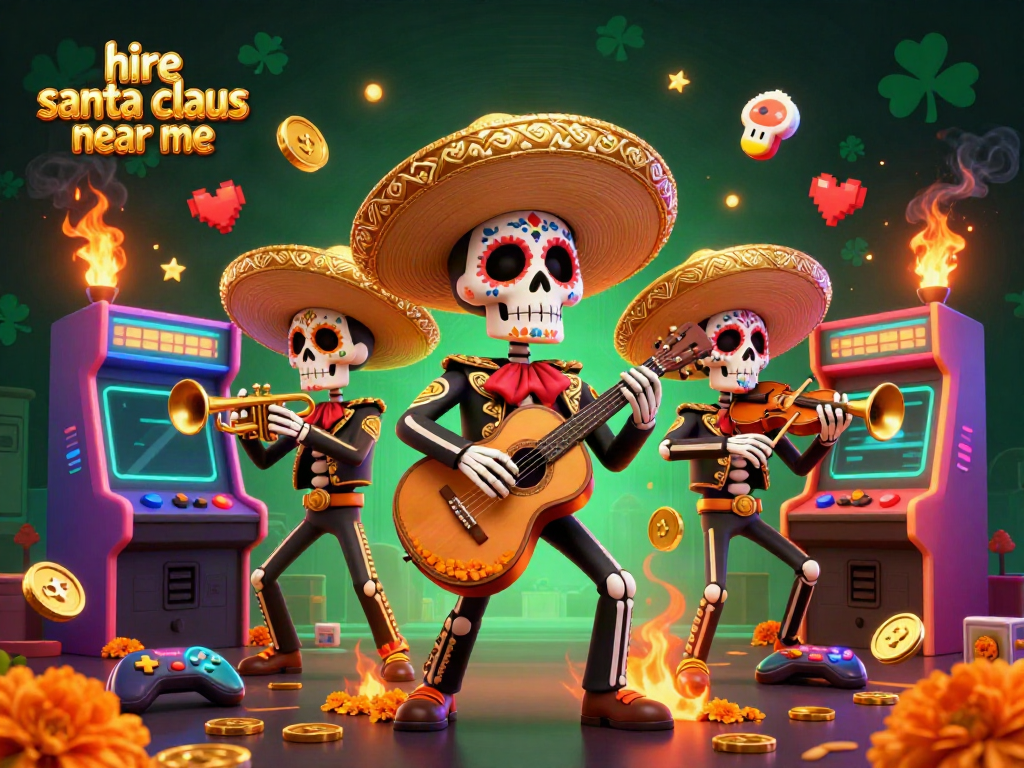 Hire Santa Claus near me while enjoying a vibrant gambling scene featuring a Dia de los Muertos mariachi band.