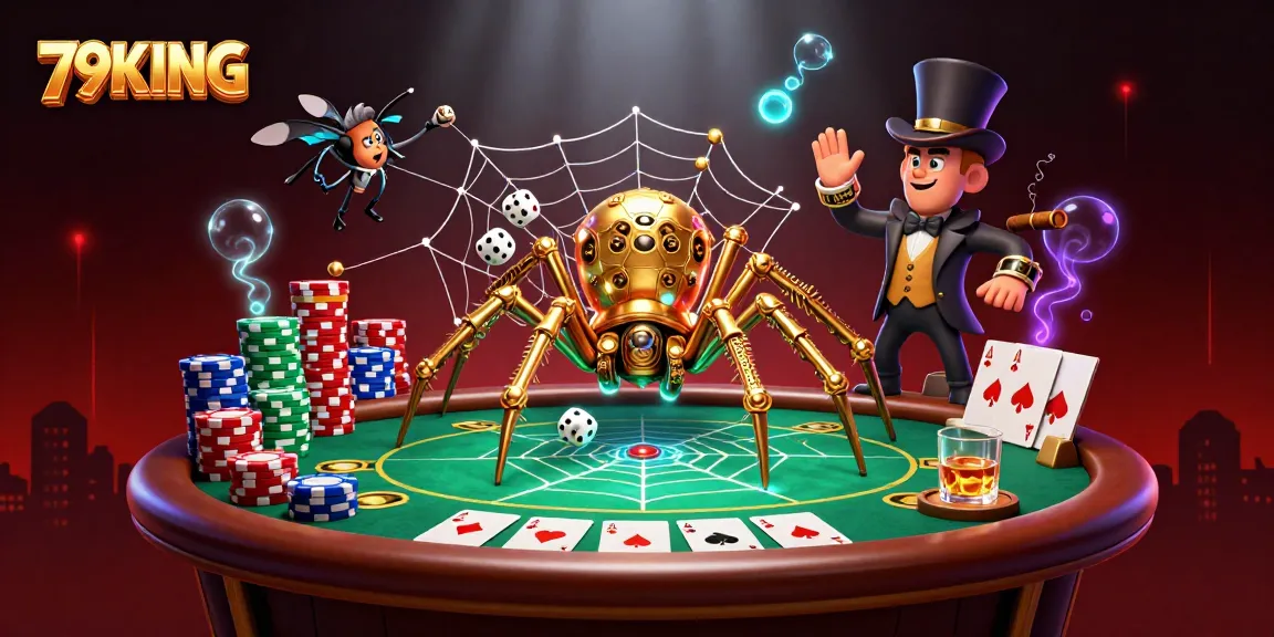 Engage with 79KING's vibrant 3D casino scene featuring golden spider catching dice amidst poker elements.