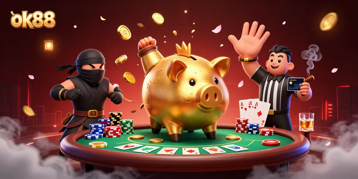 Engage with the thrilling world of ok88 casino where a golden piggy bank sumo wrestler meets a wallet ninja!