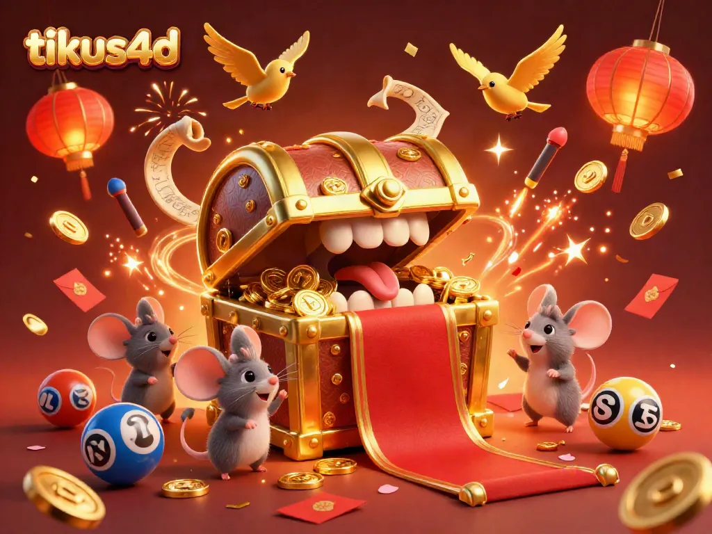 Tikus4d promotional illustration showcasing adventurous mice lured by a golden treasure chest with a lottery theme.