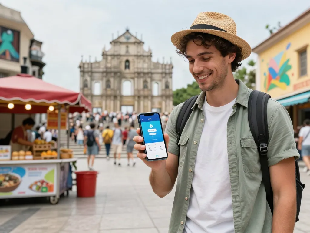 גולש בחו"ל עם eSIM לחו"ל, מחזיק בסמארטפון ליד אתרים מפורסמים