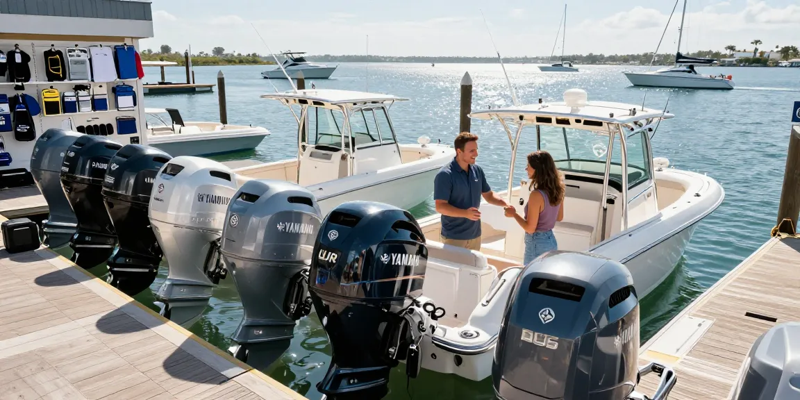 Yamaha outboard motor for sale USA at a sunny marina with customer and representative.