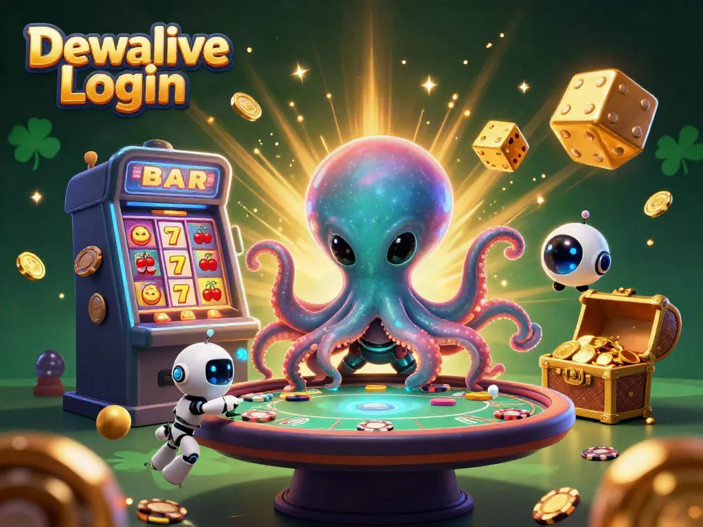 Engage with Dewalive Login through a vibrant 3D scene featuring an alien octopus at a holographic poker table, surrounded by casino elements.