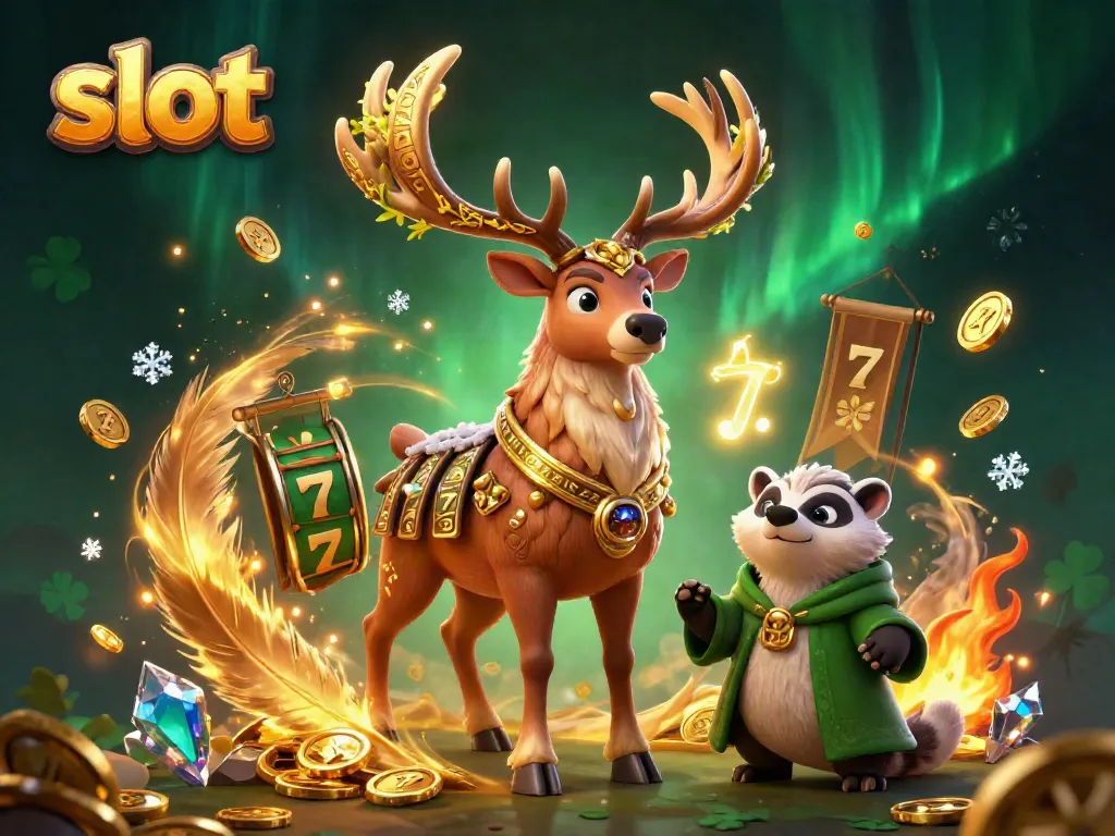 Experience thrilling slot action with a Celtic druid stag and wise badger amidst glowing reels and coins.