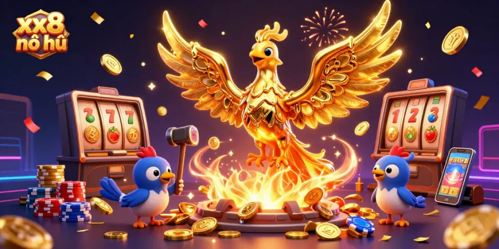 Engage with the xx8 nổ hũ experience, featuring golden phoenix and slot games in a vibrant casino scene.