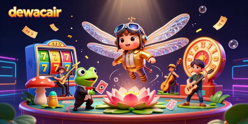 Dewacair illustration of a dragonfly pilot at a lily pad casino with frog dealer and jazz musicians.