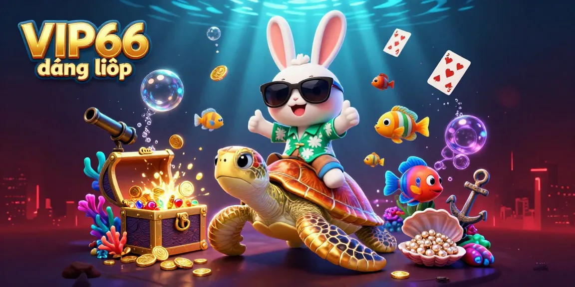 Engage in the thrill of VIP66 đăng nhập with a playful rabbit and a golden turtle amidst a vibrant underwater casino.