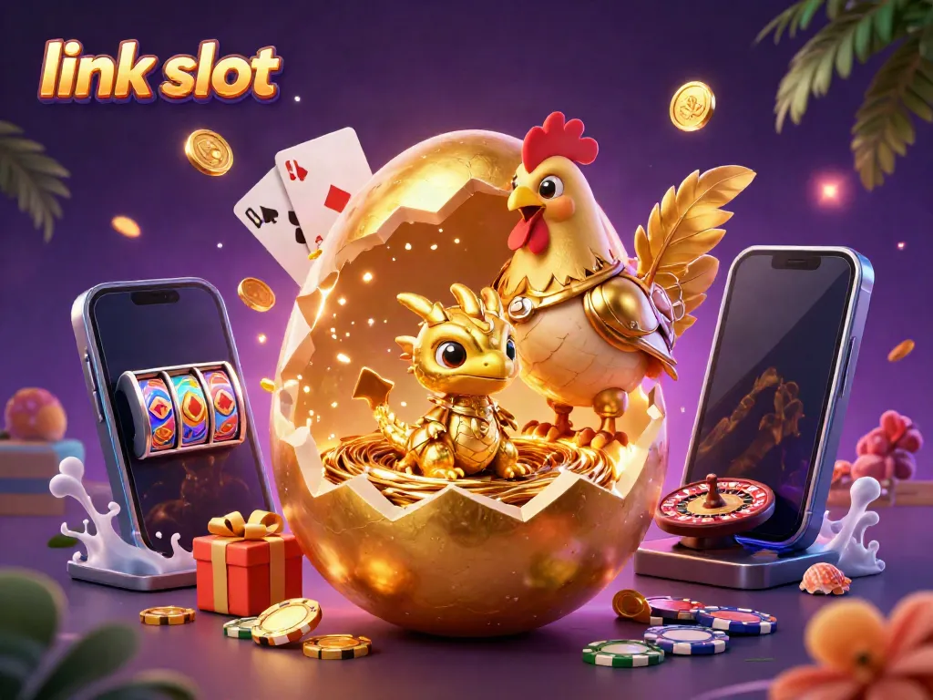 Engage in thrilling action at link slot with a golden dragon, poker chips, and dynamic gaming elements.