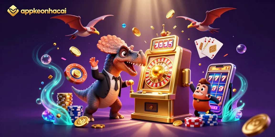 Cascade of golden coins and gems fly as appkeonhacai's pachycephalosaurus hits a jackpot slot machine.