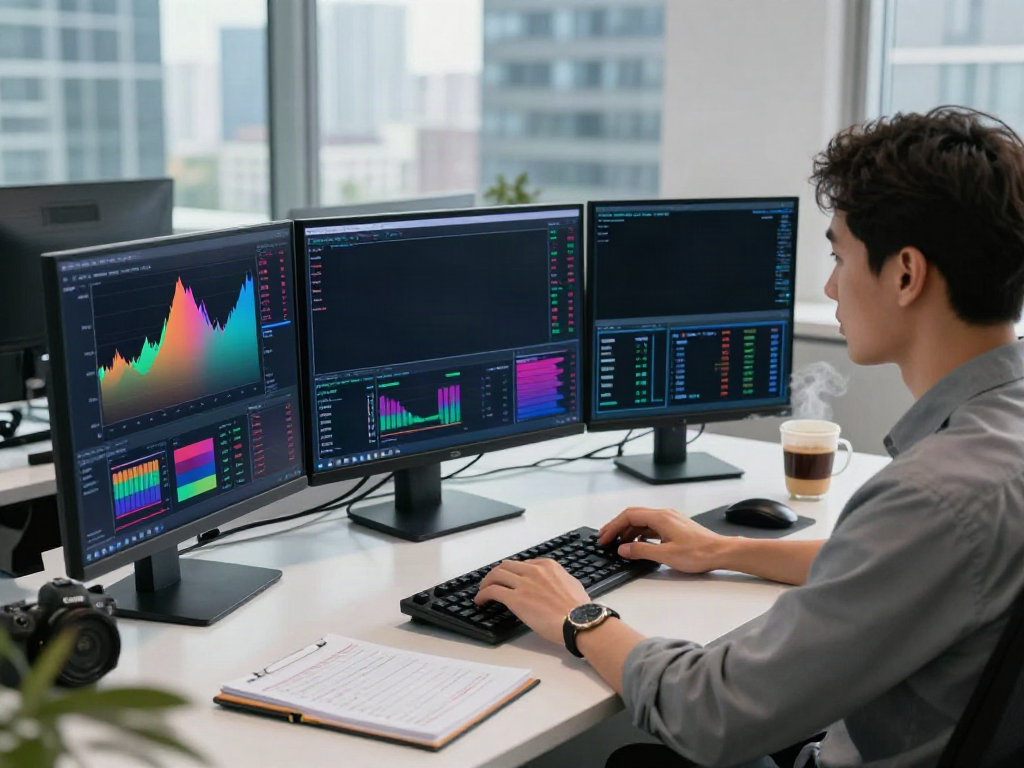 Focused trader analyzing live market data on tradingview官网 in a modern office.