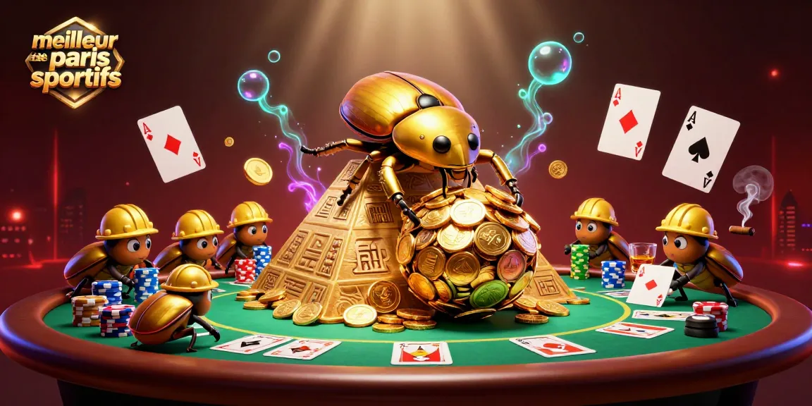 Visualiser le meilleur site de paris sportifs avec des scarabées dorés et des éléments de jeux de casino.