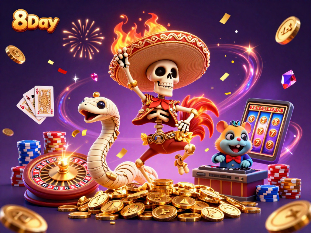 8Day brings excitement with a mariachi rooster dancing on coins, surrounded by vibrant casino elements.