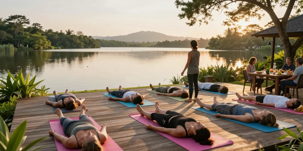 Participants in Simon Borg-Olivier intensive Sri Lanka practicing yoga by Koggala Lake surrounded by nature.