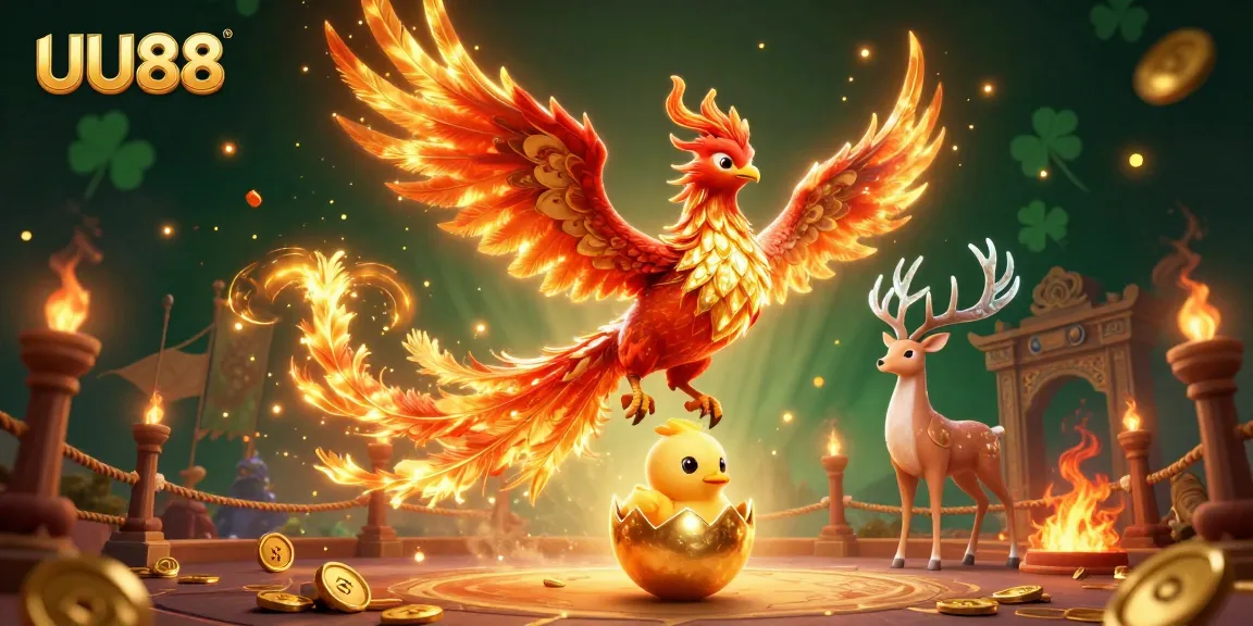 Experience thrilling wins at UU88 with vibrant phoenix characters amidst a dynamic casino setting