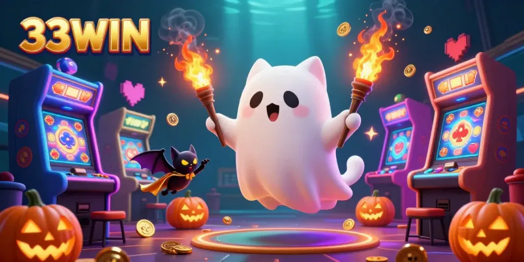 Experience the thrilling world of 33WIN with playful ghost cat and bat in a haunted casino adventure.