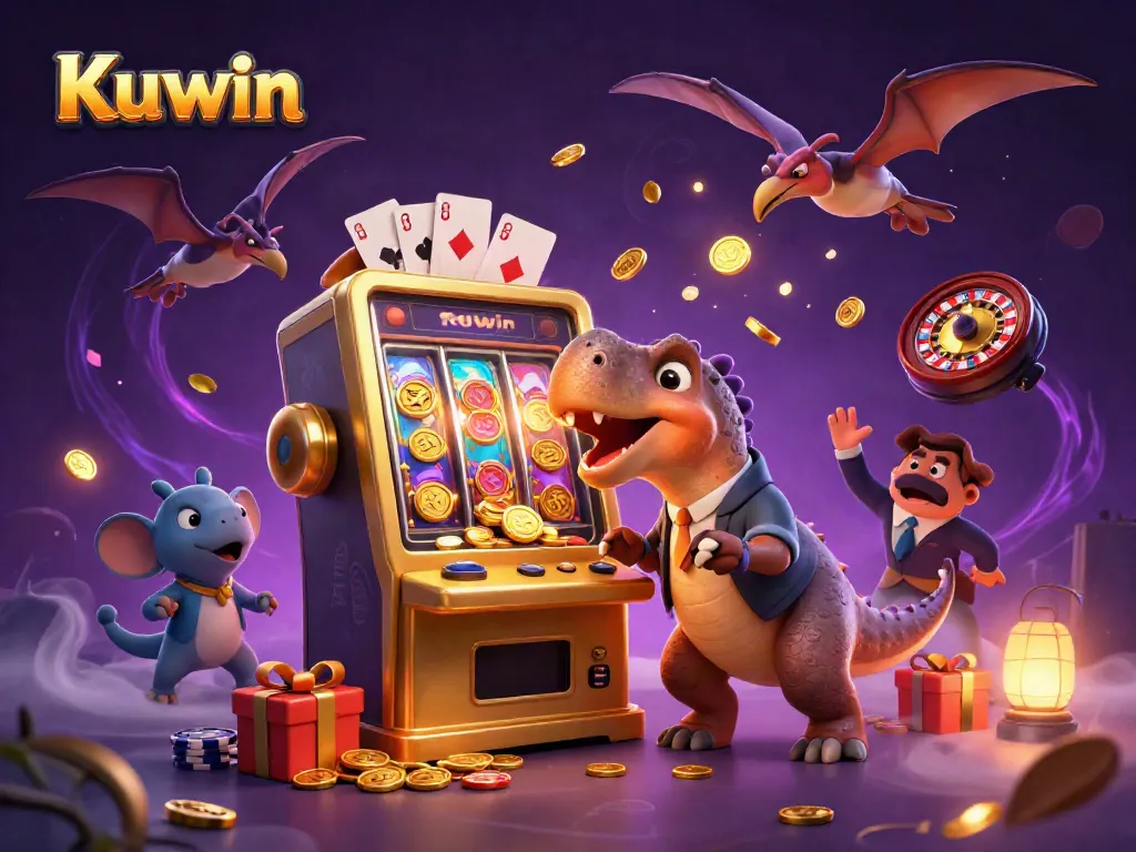 Kuwin showcases a lively 3D illustration with a pachycephalosaurus winning at a slot machine amidst dynamic casino elements.