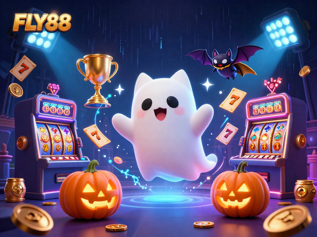 FLY88 experience thrilling wins with ghostly characters and vibrant casino elements in an engaging scene.
