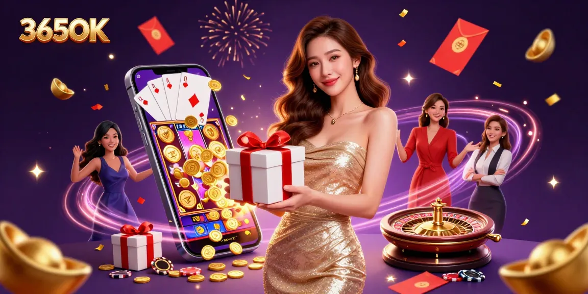 Experience 365OK celebrations with a gorgeous Asian woman surrounded by Casino elements in a festive scene.