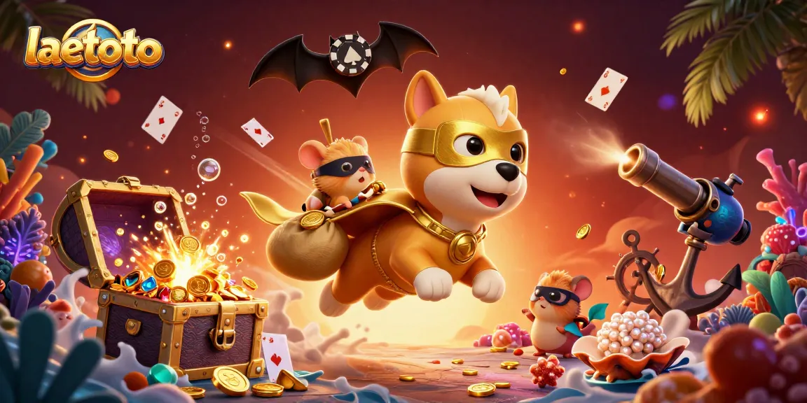 Engage with laetoto in this vibrant 3D cartoon illustration featuring a superhero dog and exciting casino themes.