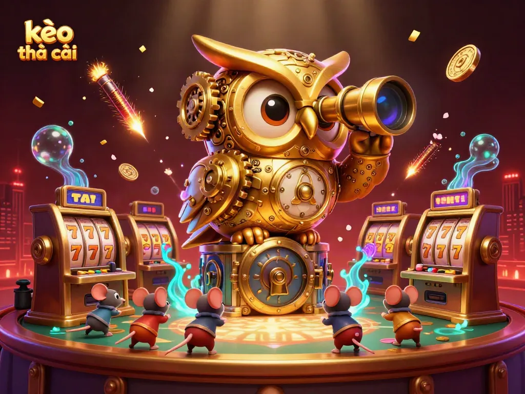 Experience exciting kèo nhà cái action with a vibrant 3D illustration of a casino scene featuring a golden owl.