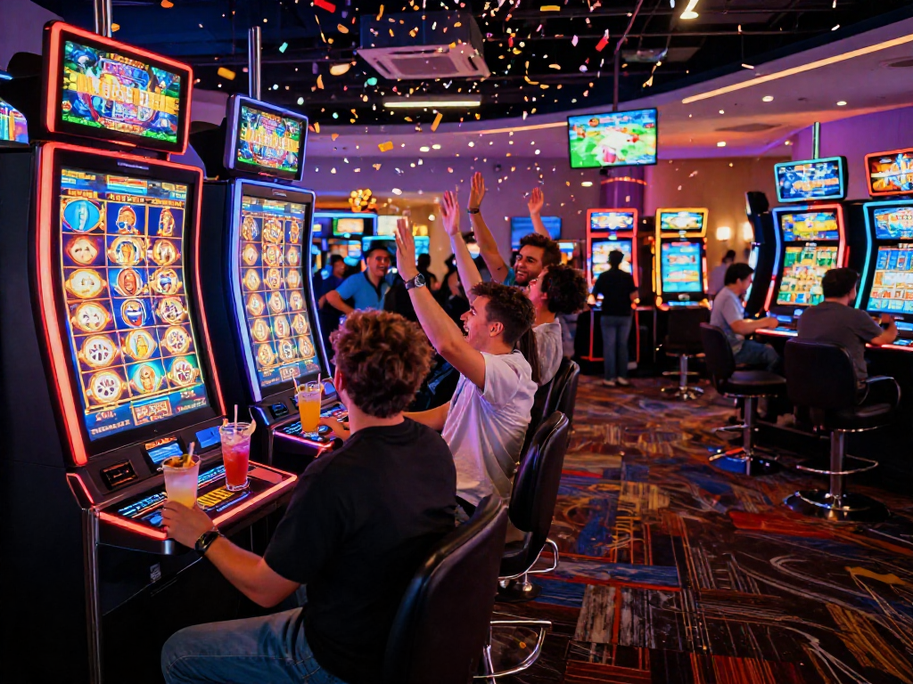 Excited players celebrating a big slot jackpot win in a vibrant casino gaming room.