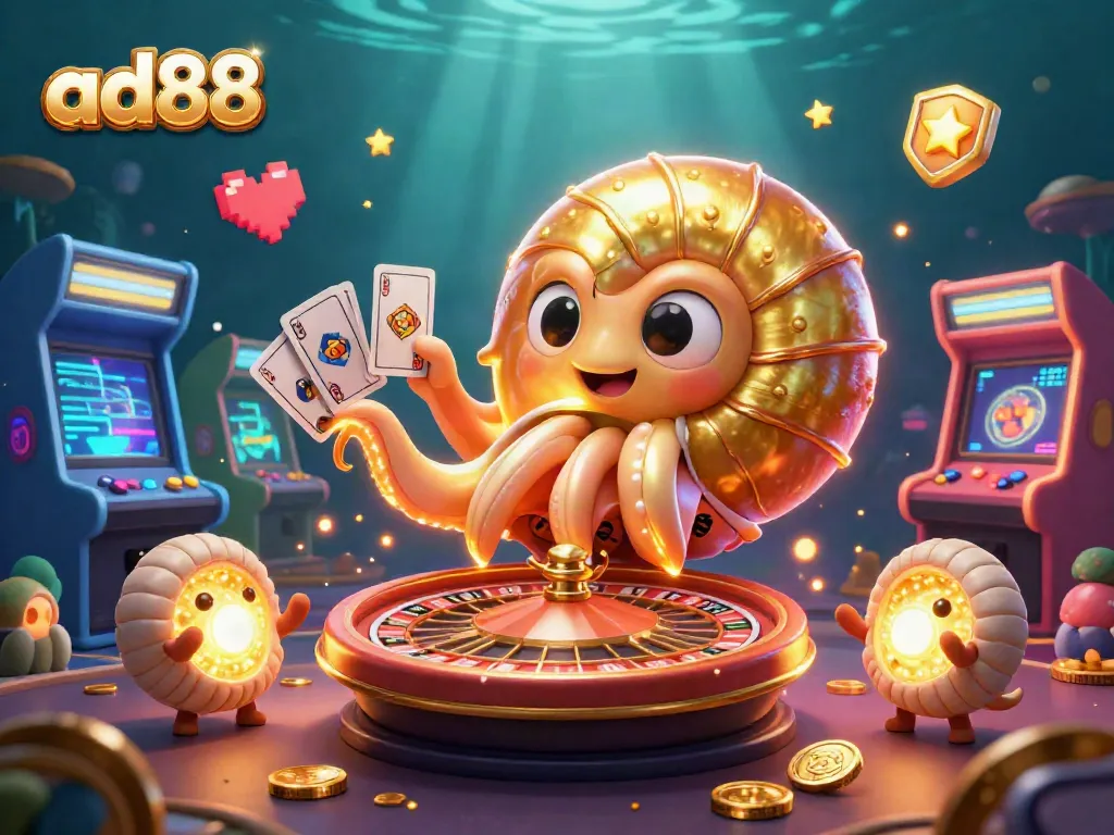 Experience the thrill of ad88 with a lively underwater casino scene featuring a giant nautilus roulette wheel.