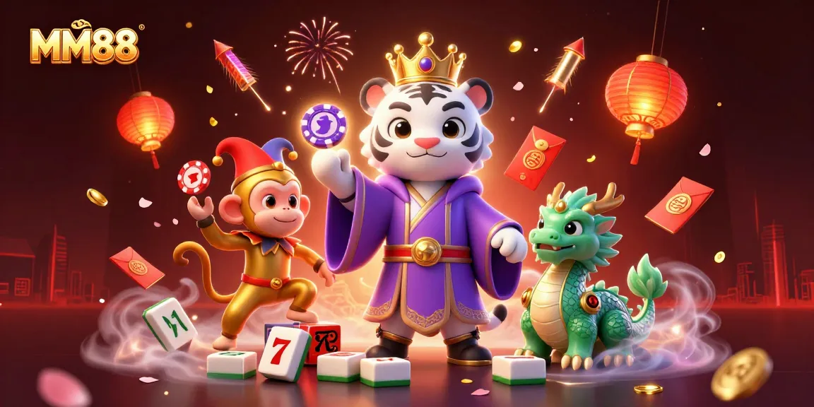 Engage with MM88's vibrant casino experience featuring lively characters, classic gambling elements, and a festive atmosphere.