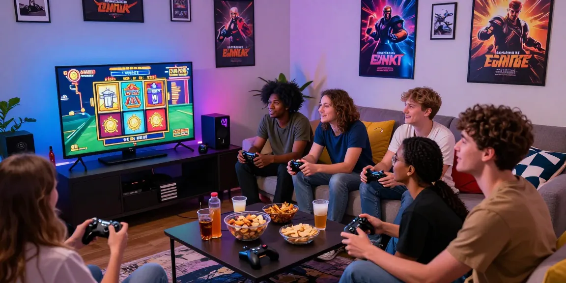 Energetic gaming session with friends on slot games at https://gravatar.com/playbook88official, showcasing a vibrant atmosphere.