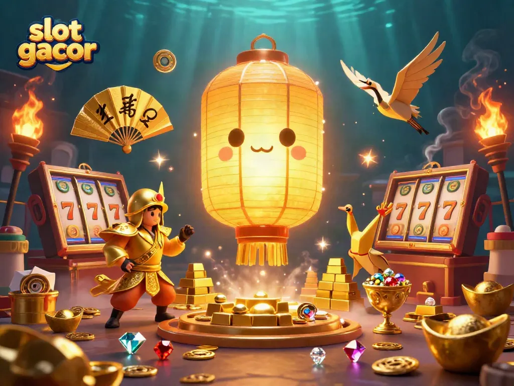 Visualisasi kasino berwarna cerah dengan elemen slot gacor dan karakter beruntung yang bersinar
