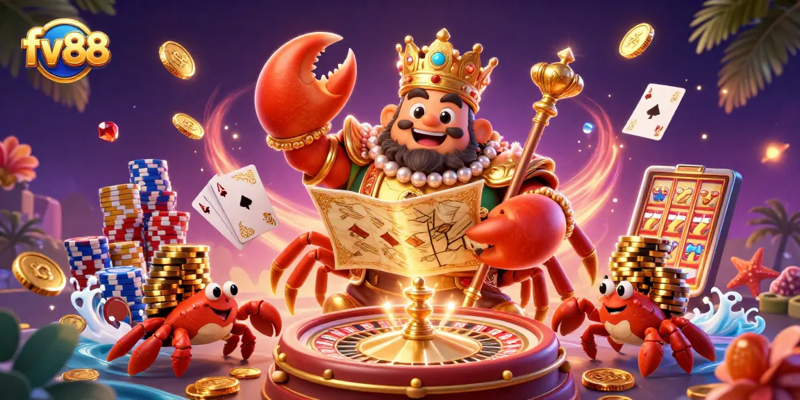 Experience casino thrills with fv88's golden crab emperor amidst coins, treasures, and vibrant game elements.
