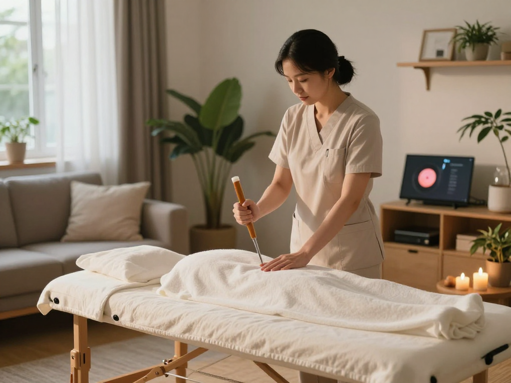 Relaxing 용인출장마사지 setup with professional therapist preparing oils in cozy living room atmosphere.