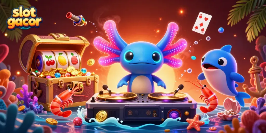 Spin the reels with slot gacor in this vibrant 3D underwater casino scene showcasing excitement.