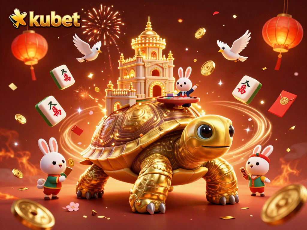 Experience winning with kubet at a dynamic casino scene, featuring a golden tortoise and festive gaming elements.