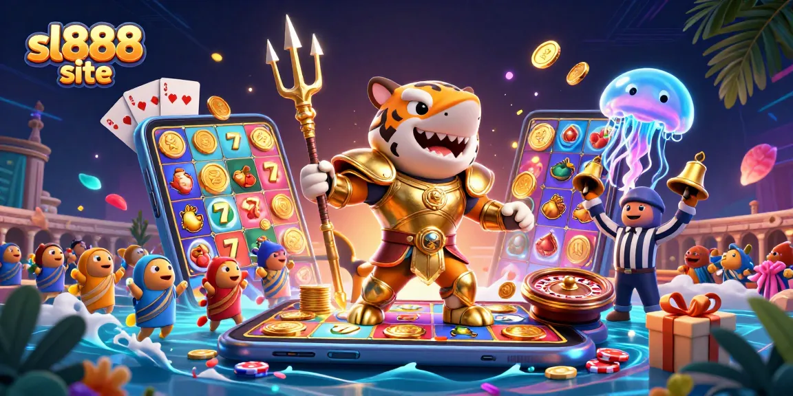 Engage with the thrilling sl888 site, featuring vibrant slot games amidst an underwater colosseum scene.
