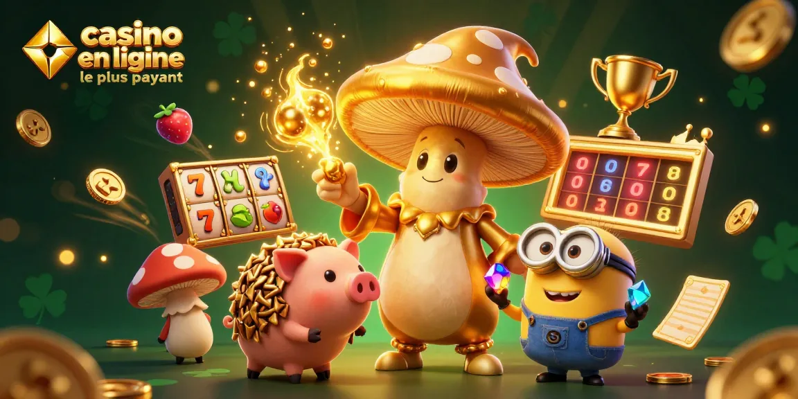 Découvrez le casino en ligne le plus payant avec cette illustration dynamique remplie de personnages colorés et d'éléments de gain.